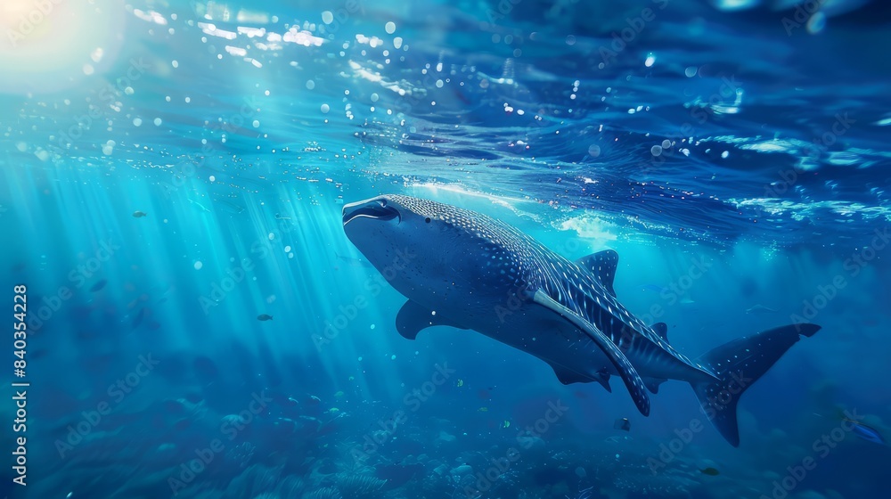 Fototapeta premium Underwater shot of a Whale Shark in blue ocean and whale looking for prey