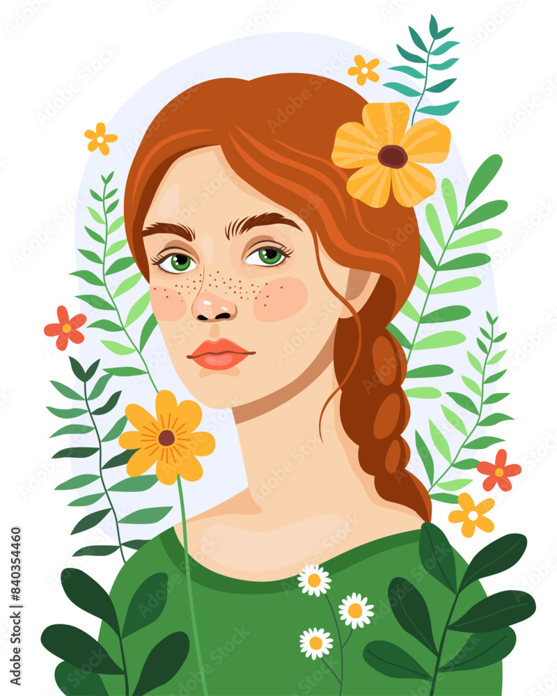 Portrait of a pretty young girl surrounded by spring flowers. A woman with red hair and green eyes. Female portrait, vector illustration. Ecological, natural concept. Sketch. Portrait of a pretty young girl surrounded by spring flowers. A woman with red hair and green eyes. Female portrait, vector illustration. Ecological, natural concept. Sketch.