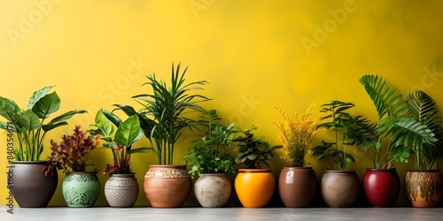 Realistic houseplants in various flowerpots arranged neatly against a wall background. Concept Houseplants, Flowerpots, Wall Background, Realistic, Neat Arrangement photo