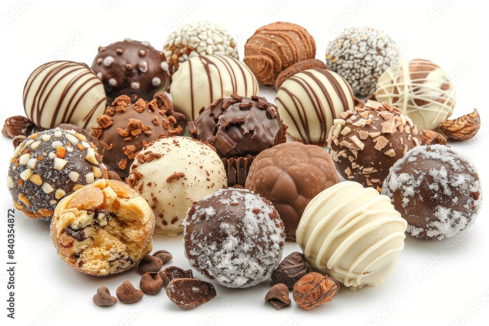 Assorted gourmet chocolate truffles with various toppings, captured in high quality food photography with a vibrant and festive presentation Assorted gourmet chocolate truffles with various toppings, captured in high quality food photography with a vibrant and festive presentation