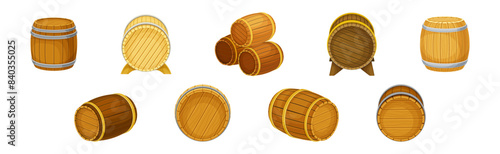 Wooden Barrel or Cask for Brewing Alcohol Vector Set
