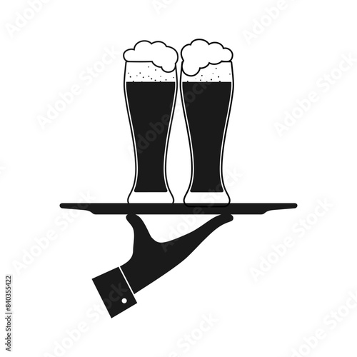 Waiter hand with beer glasses. Beer graphic sign isolated on white background. Vector illustration