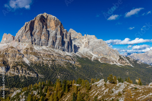 Dolomites mountains, Alpi Dolomiti beautiful scenic landscape in summer. Italian Alps mountain summits and rocky tower peaks above green valley alpine scene near Cortina'd'Amprezzo