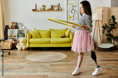 A young girl with a prosthetic leg joyfully plays with a hula hoop in her living room.