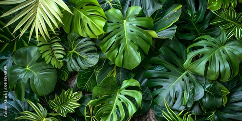 Isolated image of tropical plants including climbing Monstera deliciosa on trunk. Concept Tropical Plants  Monstera Deliciosa  Climbing Plants  Botanical Photography