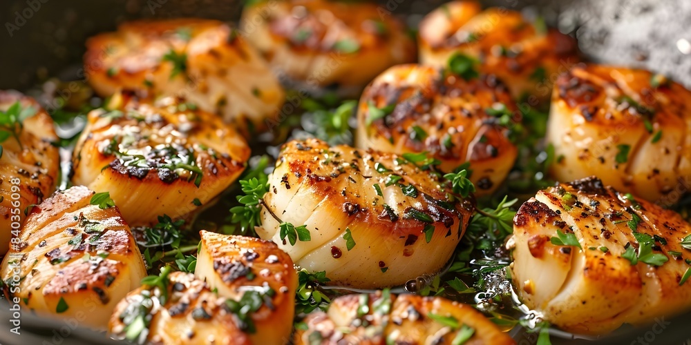 Scallops seared in skillet with herbs for a rustic flavorful dish. Concept Seared Scallops, Skillet Cooking, Rustic Flavors, Fresh Herbs, Gourmet Cuisine Scallops seared in skillet with herbs for a rustic flavorful dish. Concept Seared Scallops, Skillet Cooking, Rustic Flavors, Fresh Herbs, Gourmet Cuisine