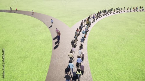 A crowd of people walks along a fork in the road. 