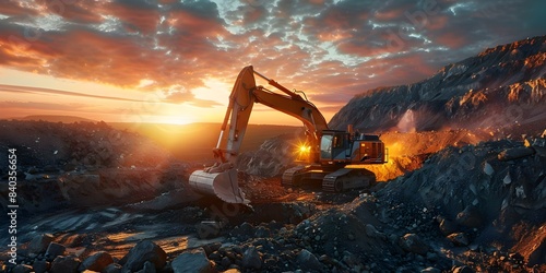 Electric excavator working in openpit mine at sunset futuristic and sustainable. Concept Excavator Technology, Open-Pit Mining, Sustainable Energy, Futuristic Machinery, Sunset Operations photo