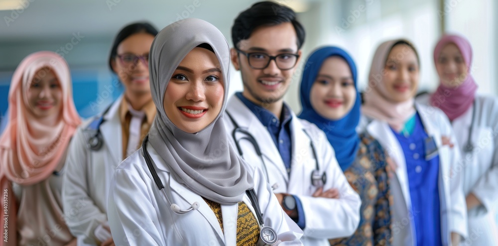 A group of women wearing white lab coats and blue scarves A group of women wearing white lab coats and blue scarves