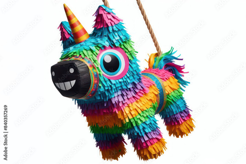 Bright funny piñata hanging on ropes Isolated on white background Bright funny piñata hanging on ropes Isolated on white background
