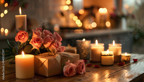 Burning candles, gift boxes and bouquet of roses on wooden table © Oleksiy