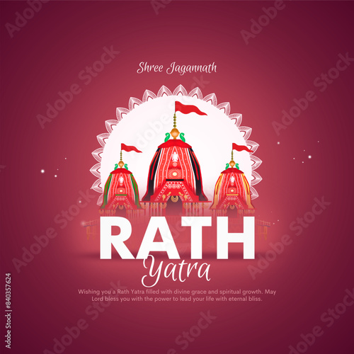 Creative vector illustration of Lord Jagannath, Balabhadra and Subhadra on annual Ratha Yatra in Odisha festival background