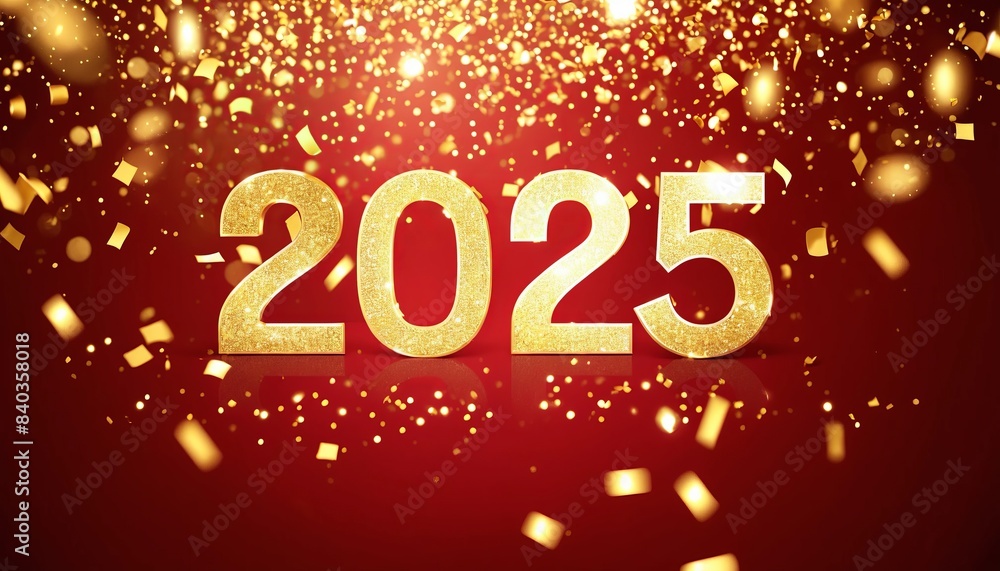 An elegant celebration of the year 2025 with golden confetti on a red background. An elegant celebration of the year 2025 with golden confetti on a red background.
