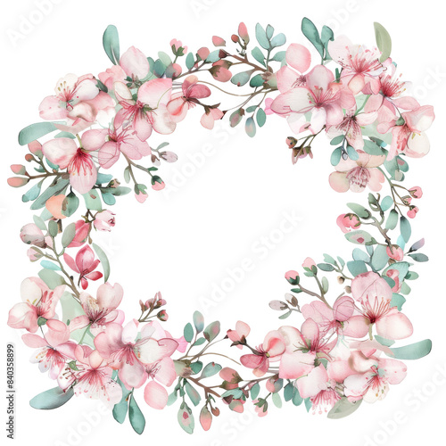 Beautiful watercolor floral wreath featuring pink blossoms and green leaves, ideal for decorative designs and seasonal themes. © Jenjira