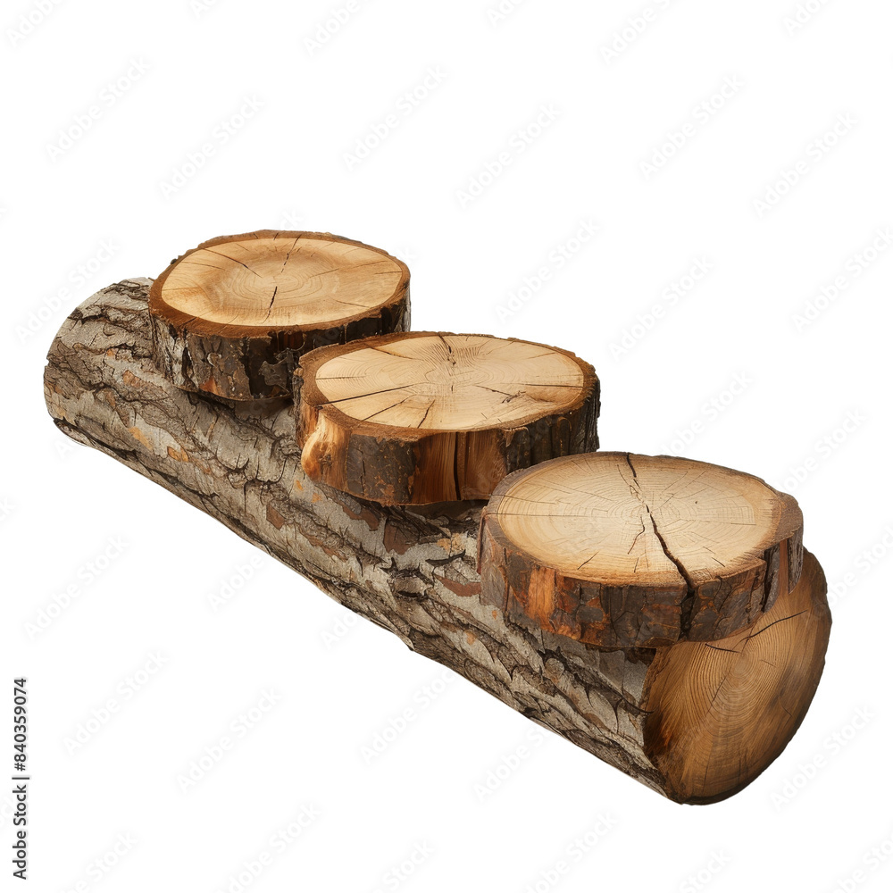 Close-up of a log with three cross-sections, showcasing natural wood texture, growth rings, and organic patterns on a white background. Close-up of a log with three cross-sections, showcasing natural wood texture, growth rings, and organic patterns on a white background.