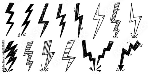 Hand drawn doodle thunderstorm lightning spark voltage electric shock scribble.