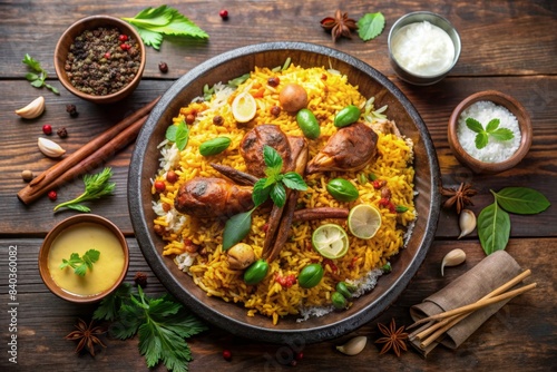 Aromatic biryani rice platter with assorted toppings , biryani, rice, aromatic, flavorful, Indian cuisine, spices