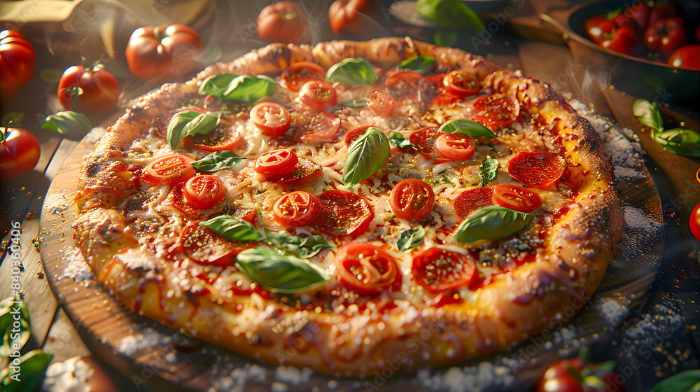 Freshly baked pizza on rustic wooden table Freshly baked pizza on rustic wooden table