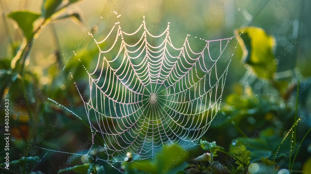 A spider web is shown in a field of green grass. The web is very large and has a lot of water droplets on it
