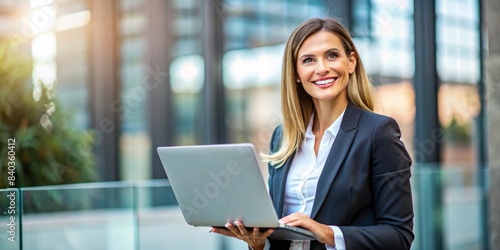 Portrait of a smiling business woman with laptop , businesswoman, smiling, laptop, technology, entrepreneur, professional