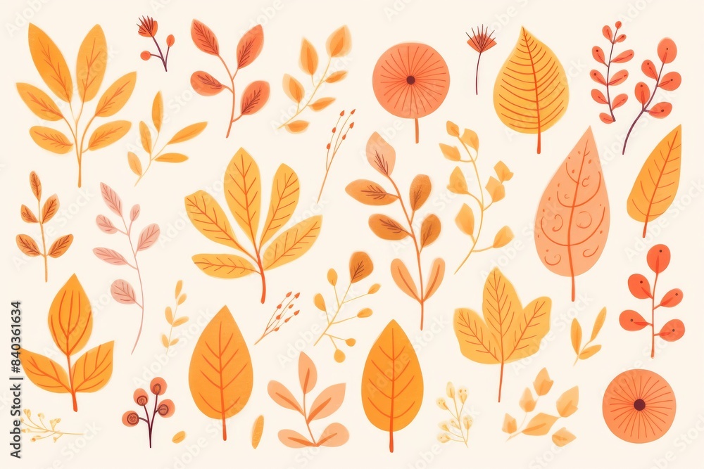 Obraz premium Collection of autumn leaves and floral elements in warm orange and yellow tones, perfect for seasonal designs and decorations.