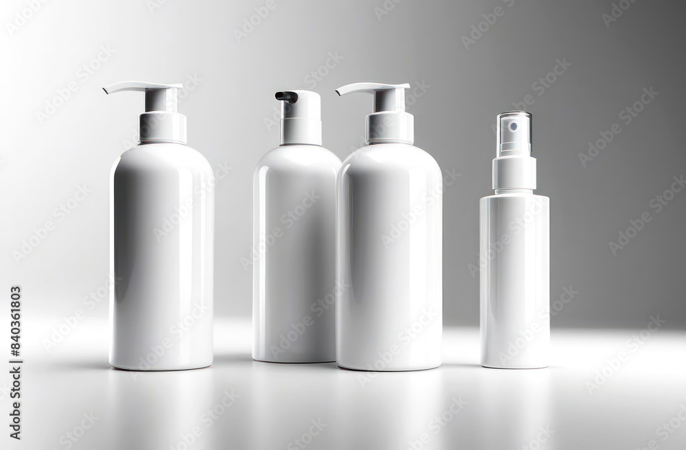Minimalist white bottles, perfect for showcasing your beauty or skincare product line Minimalist white bottles, perfect for showcasing your beauty or skincare product line