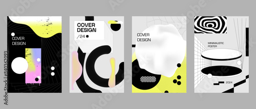 Posters with silhouette minimalistic basic figures, extraordinary graphic assets of geometrical shapes. Modern minimal print brutalist.