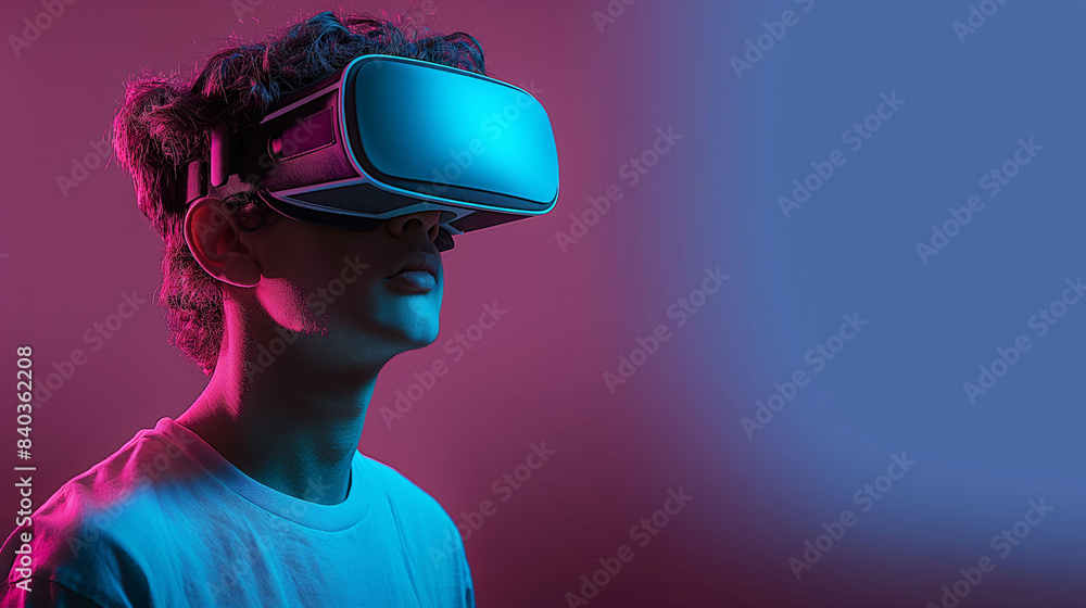 portrait of a Young boy wearing VR headset with set on purple gradient background, looking up at copy space, side view portrait of teen boy in goggles glasses for virtual reality portrait of a Young boy wearing VR headset with set on purple gradient background, looking up at copy space, side view portrait of teen boy in goggles glasses for virtual reality