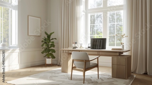A bright and airy home office with a Scandinavian inspired design featuring a light wood desk sleek laptop notebook and stylish pen holder