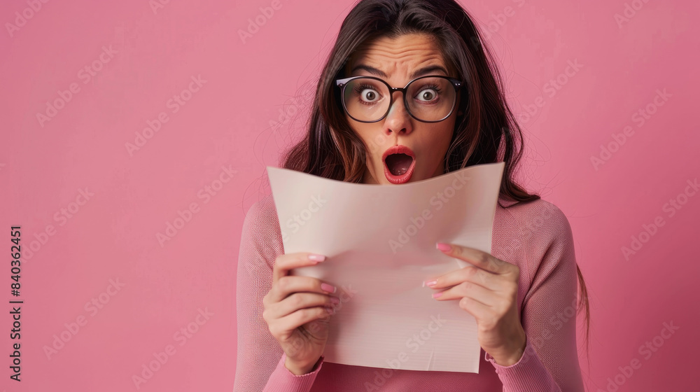 woman reading a paper with a shocked face woman reading a paper with a shocked face