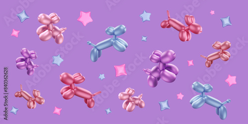 Background with 3d balloon animals and glossy stars. Twisted bubble dogs render. Horizontal pattern on purple color. Party wallpaper with funny pets. Vector illustration for entertainment events.