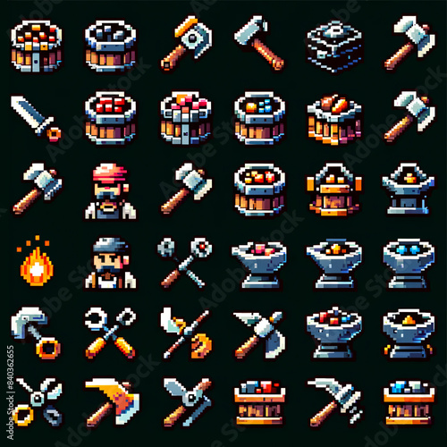 RPG Game Pixel Art Icons of Town Blacksmiths