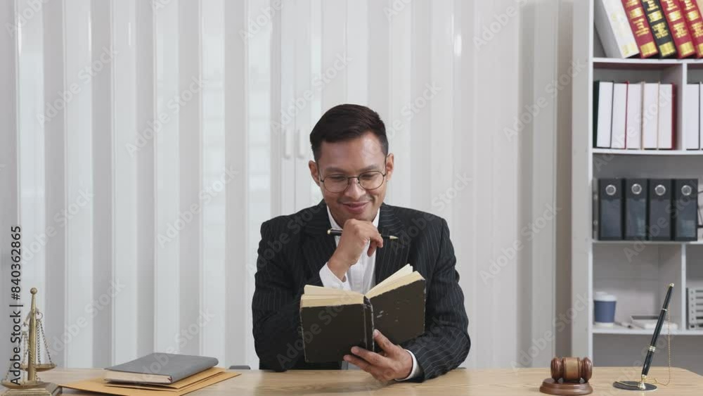 Lawyer reads consultation term between male lawyer and client, tax business and law firm with brass scales on table in law office Lawyer reads consultation term between male lawyer and client, tax business and law firm with brass scales on table in law office