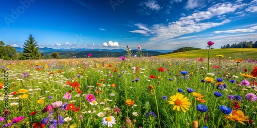 Lush meadow bursting with colorful wildflowers under a clear blue sky, vibrant, nature, background, meadow, full bloom, wildflowers