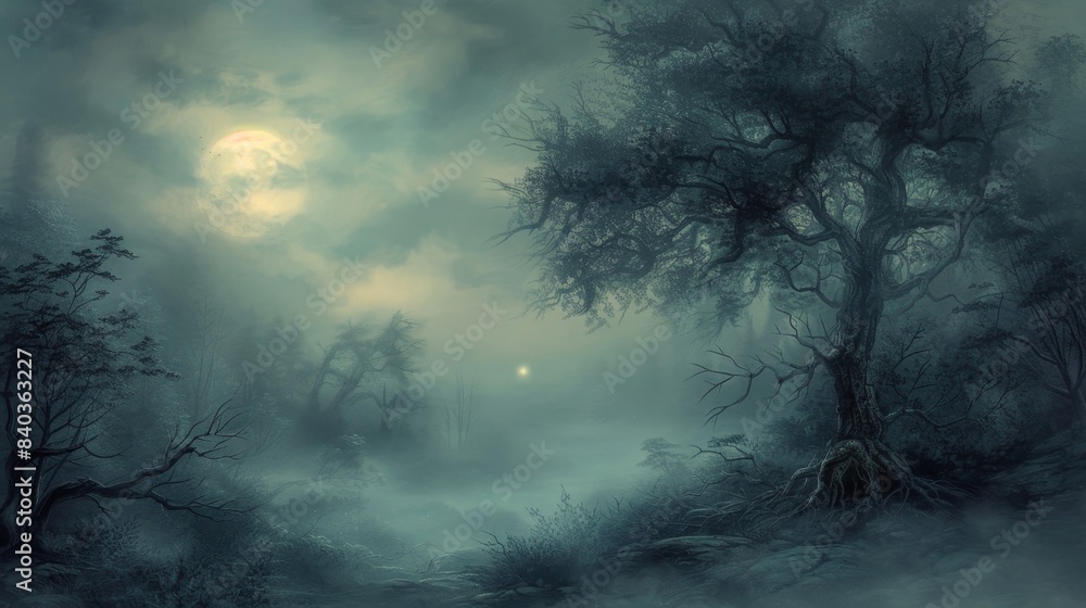 As the full moon rose above the misty forest the trees seemed to come to life reaching their twisted branches towards the sky. The orbs that hung in the mist around them glowed wit As the full moon rose above the misty forest the trees seemed to come to life reaching their twisted branches towards the sky. The orbs that hung in the mist around them glowed wit