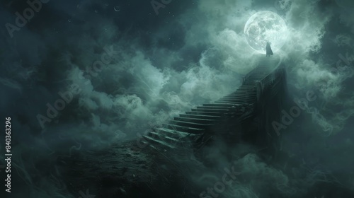 As the moon breaks through the stormy clouds the ghostly figure materializes at the top of the winding staircase its ethereal form looking both solid and insubstantial at the same time