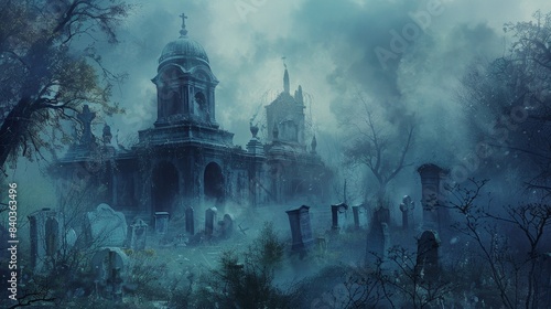 A misty veil envelopes the graveyard hiding the ghostly figures that roam a the crumbling mausoleums