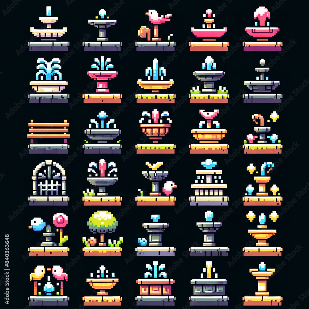 RPG Game Pixel Art Icons of Town Fountains RPG Game Pixel Art Icons of Town Fountains