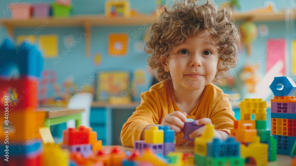 A young boy is playing with a large pile of colorful blocks. He is smiling and he is enjoying himself A young boy is playing with a large pile of colorful blocks. He is smiling and he is enjoying himself