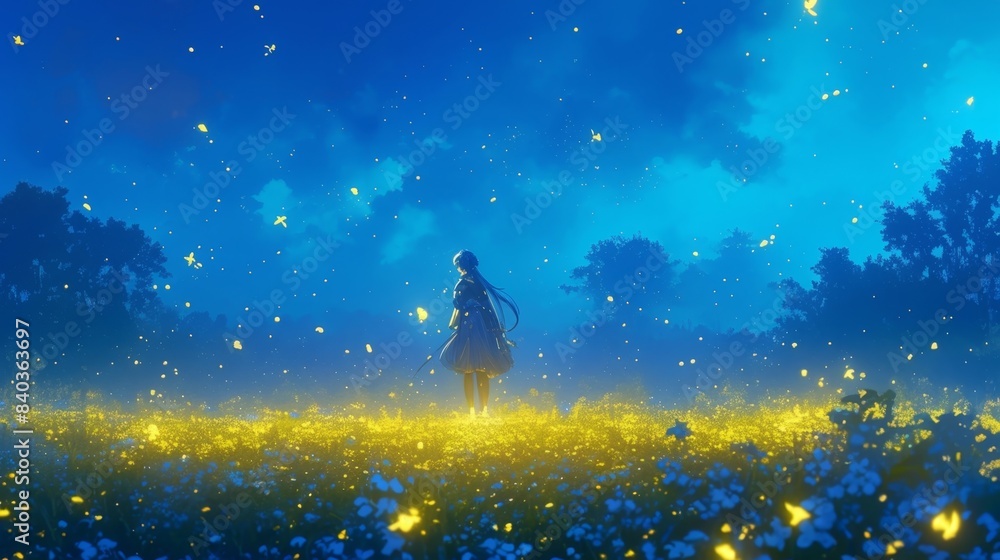 Naklejka premium A mystical ambiance enveloped the meadow as the fireflies weaved through the air leaving behind traces of otherworldly energy