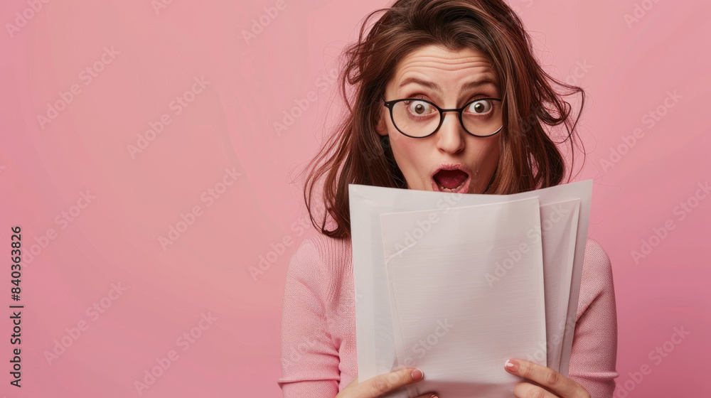 woman reading a paper with a shocked face woman reading a paper with a shocked face