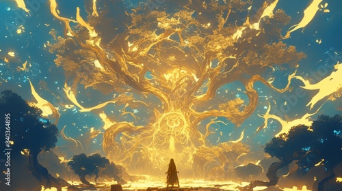 The Great Tree at the center of the mystical forest was awash with a radiant golden aura emanating immense power and wisdom that filled the surrounding woods with a tranquil and pur photo