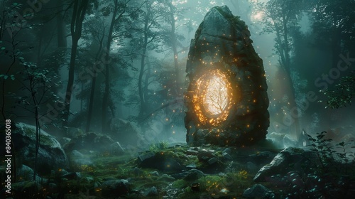 The sacred stone was surrounded by a celestial halo its unearthly glow illuminating the darkness of the surrounding forest photo
