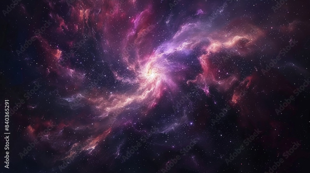 A spiral galaxy with a bright yellow star in the center. The galaxy is filled with stars and clouds of gas A spiral galaxy with a bright yellow star in the center. The galaxy is filled with stars and clouds of gas