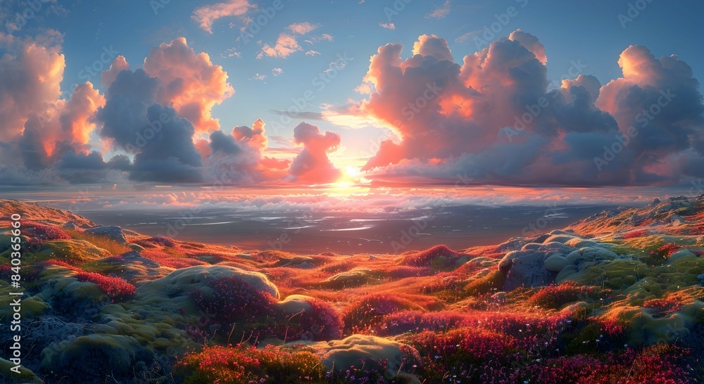 A nature peatland during sunset, the sky ablaze with colors, and the moss-covered ground casting long shadows A nature peatland during sunset, the sky ablaze with colors, and the moss-covered ground casting long shadows