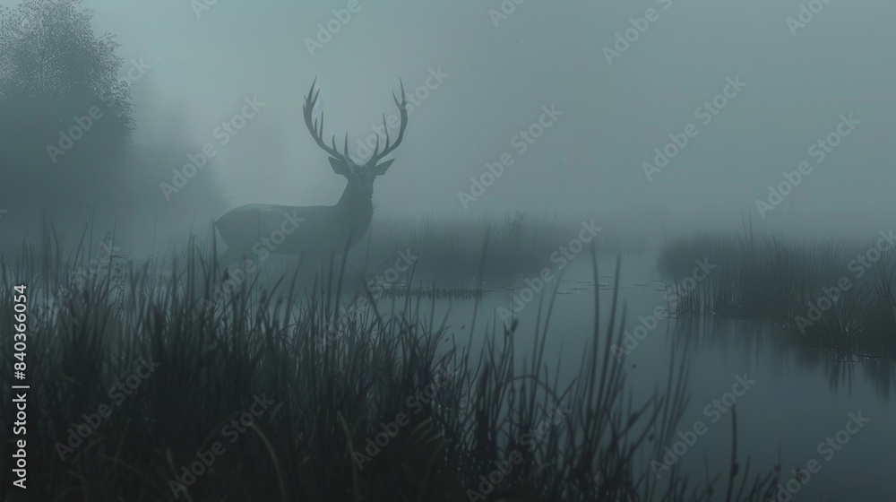 Naklejka premium Amidst the eerie silence of the foggy marshes a pale deer with antlers made of mist appears its ghostly form ly visible in the thick fog
