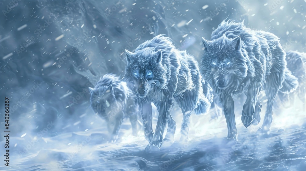 Against a backdrop of swirling snow a pack of spectral wolves prowl the frozen tundra their glowing eyes piercing the darkness Against a backdrop of swirling snow a pack of spectral wolves prowl the frozen tundra their glowing eyes piercing the darkness