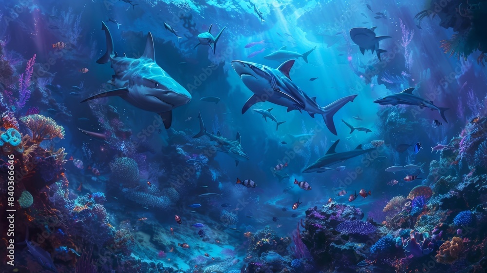 Obraz premium As sharks and other predators circle the reef the spirits of the sea form a protective barrier warding them off and ensuring the safety of all who call the coral reef home