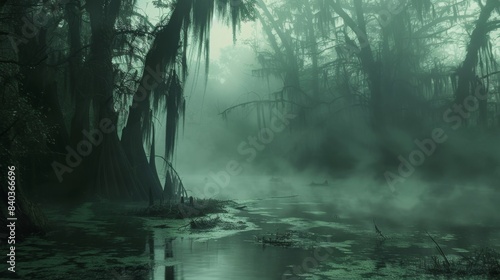 The heavy mist obscures the true nature of the swamp making it seem as though the ghostly shapes floating within it are the true rulers of this otherworldly place