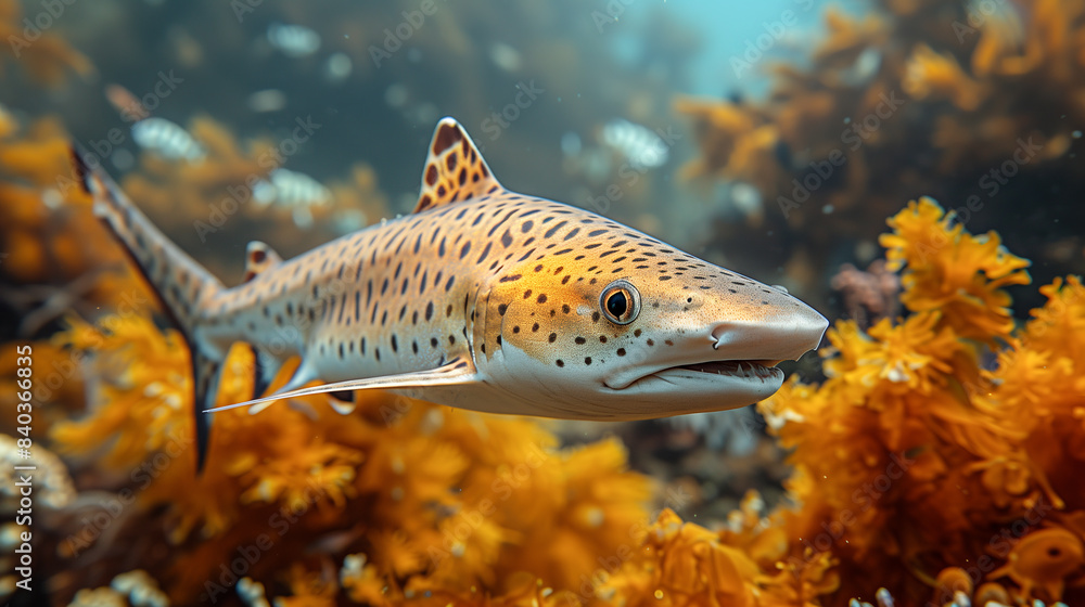 Leopard Shark Swimming Amongst Yellow Kelp. Generative AI image Leopard Shark Swimming Amongst Yellow Kelp. Generative AI image